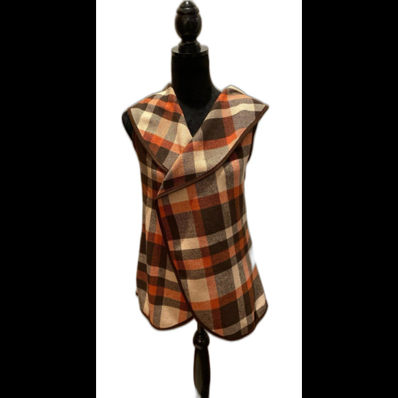 Jackets & Blazers - ETWO  Woman’s Vest Size Small Rust Brown Cream Plaid Versatile Stylish Warm